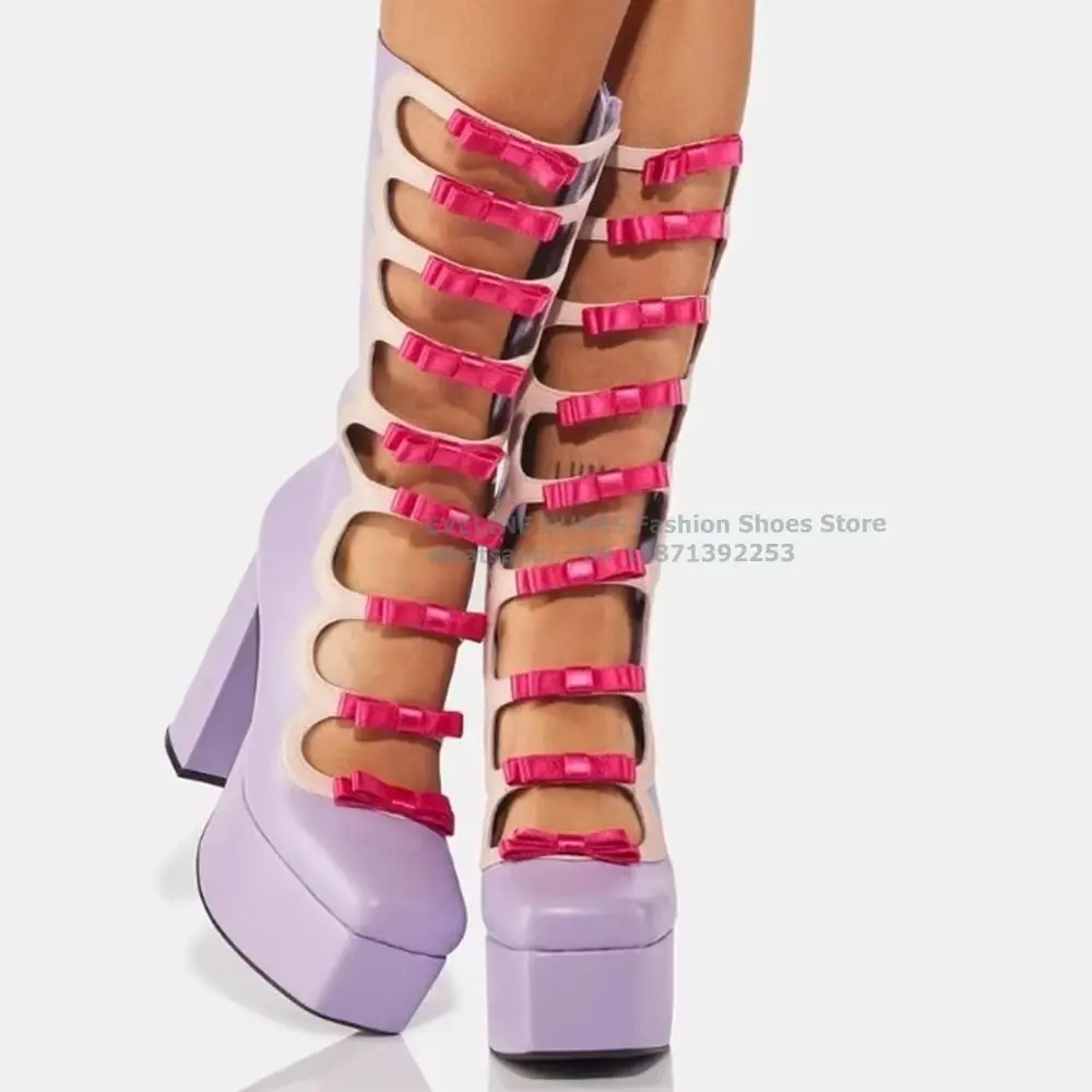 

Lavender Bow Hollow Out Platform Women Boots Square Toe Height Increasing Side Zipper Mixed Colors Sexy Gladiator 2024 Newest