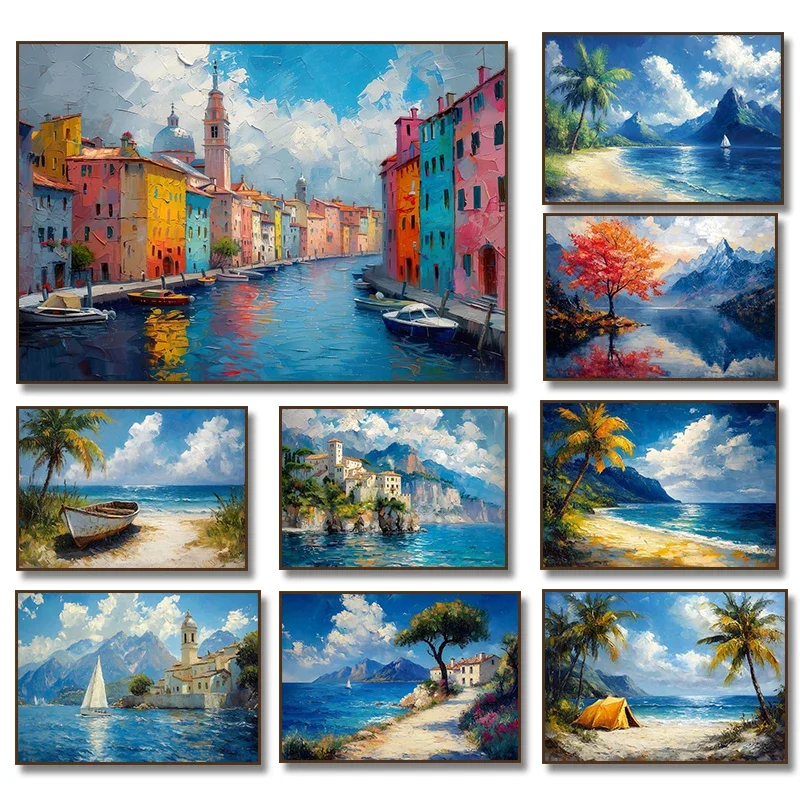 (No frame)Tropical Blue Sea Beach Landscape Castle Sailing Ship Palm Tree Poster Canvas Painting Print  for Living Room Home