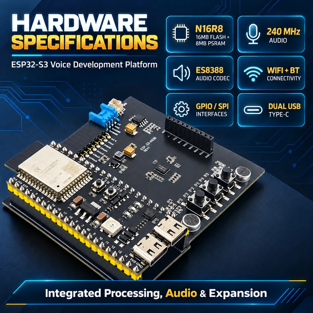 ESP32-S3 N16R8 Entwicklungsboard WiFi-Modul-Kit mit Doppel-Mikrofon-Lautsprecher für KI-Sprachinteraktion DIY IoT Smart Home Erweiterung – Detail 3