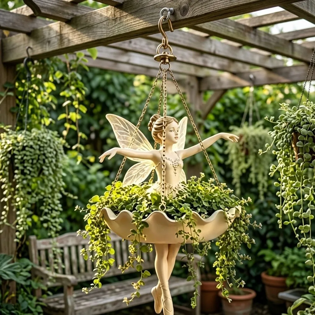 Winged Fairy Hanging Flower Basket for Plants with Tutu-Shaped Bowl Resin Balcony Decor for Succulents and Trailing Vines