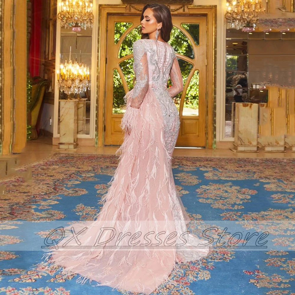 Latest V-neck Feather Evening Dresses Long Illusion Sleeve Applique Prom  Floor Length Tulle party Gown For Women 2022