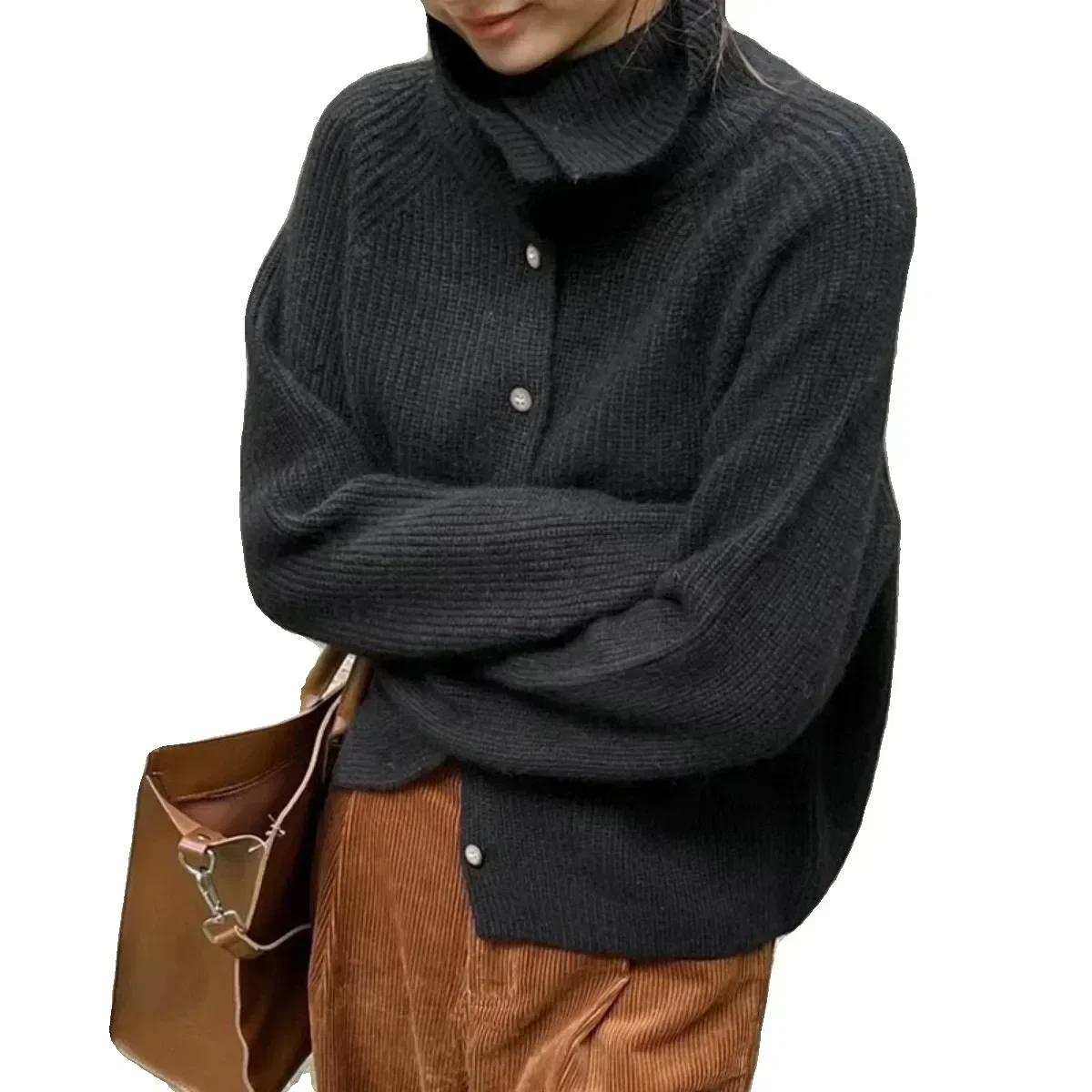2024 Turtleneck Cardigan Ladies sweater Autumn and winter loose thickened sweater knitted coat tide