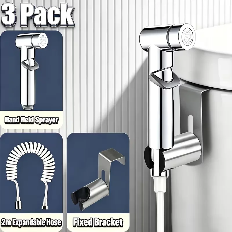 Silvery 3pcs Toilet Bidet Spray Gun Set Home Use with No-Drill Wall-Mount Hook 2m Retractable Hose Pressurized Water Cleaning