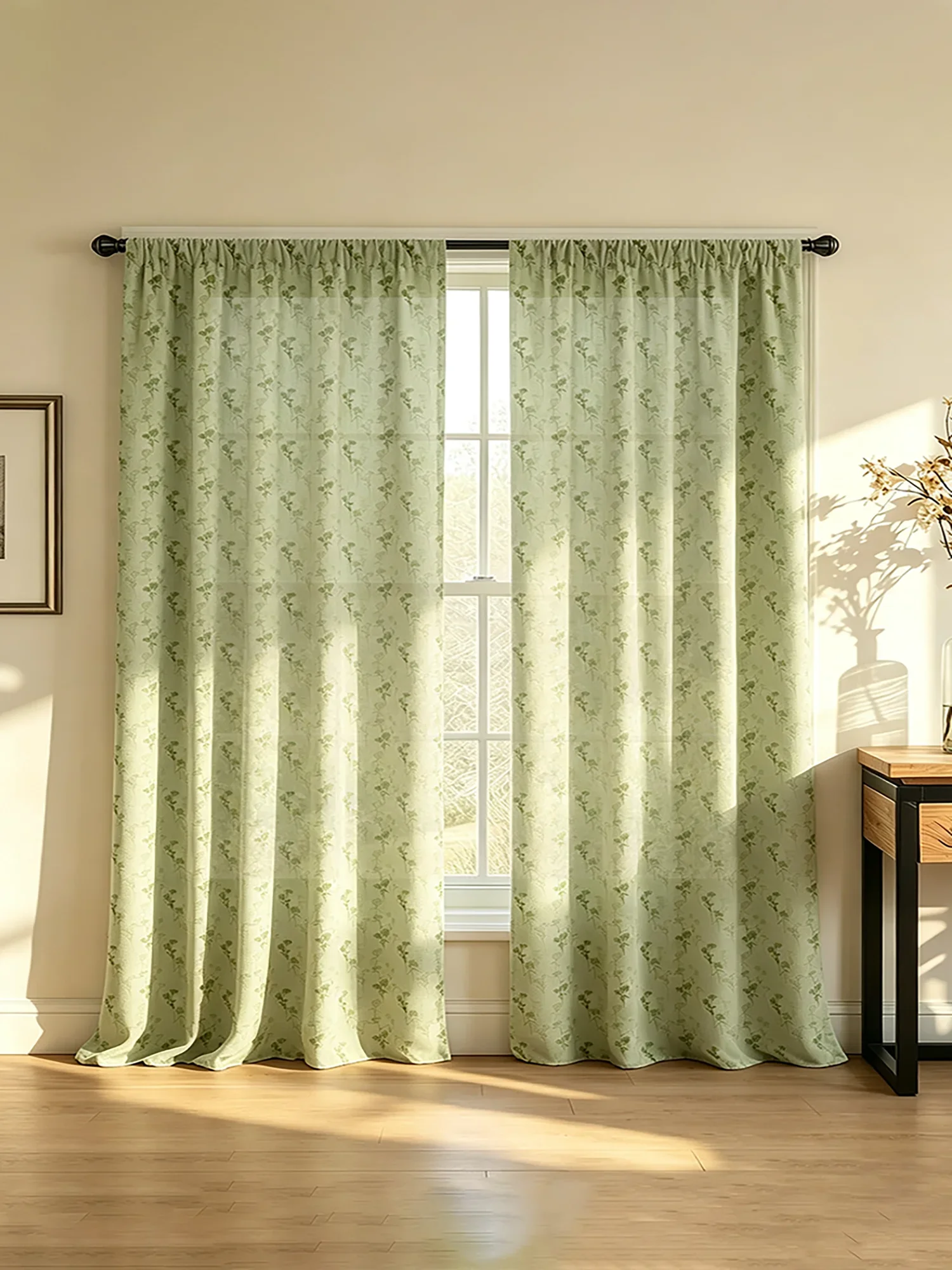 2PCS Sage Green Floral Print Curtains, Tiny Flower Botanical Pattern Window Drapes for Bedroom Living Room Farmhouse Decor