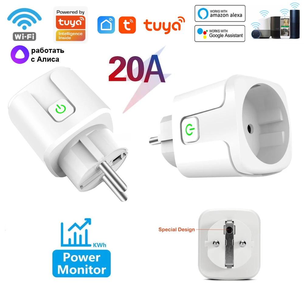 

20A 4400W WIFI Tuya Smart Plug Socket 100-240V Power Outlet With Power Monitor EU FR, Smart Life Alexa Google Home Yandex Alice