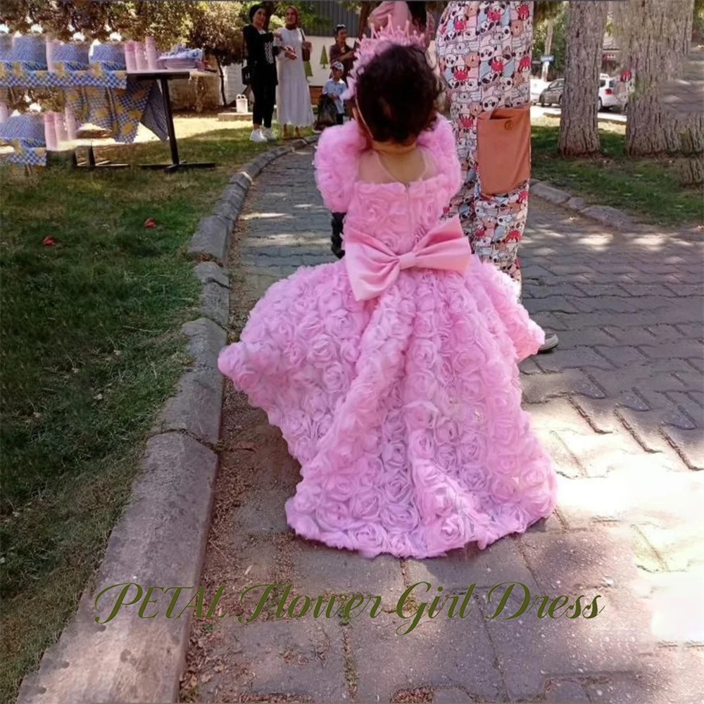 Petal Floral Pink Children Birthday Wedding Dresses Square Neck Flower Girl Dress Short Sleeve 3D Rose Princess Girls Dress