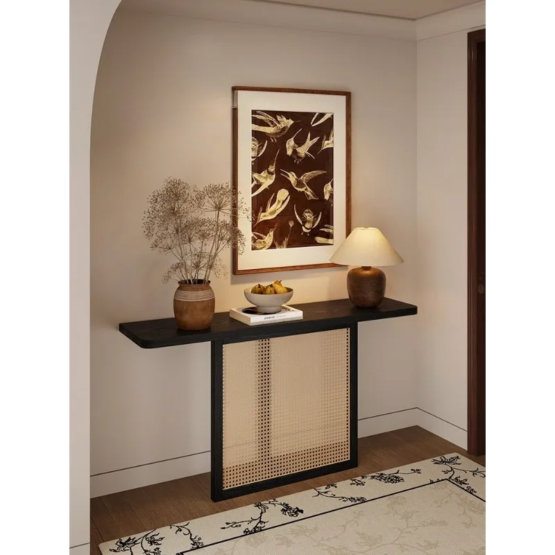 Artistic Mid-Century Entryway Console Natural Wood Rattan Cabinet for Living Room High-End Custom Foyer Decoration Table