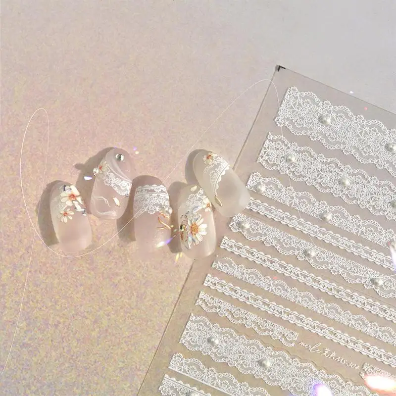 Lace Nail Art Stickers 3D Embossed Pearl Design Waterproof for Bridal Wedding Nail Decoration Use