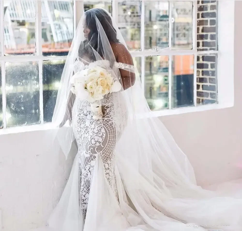 فساتين زفاف حورية البحر الأفريقية مقاس كبير مخصصة من Vestido De Noiva بدون أكتاف من الدانتيل فساتين زفاف رداء Mariage #1