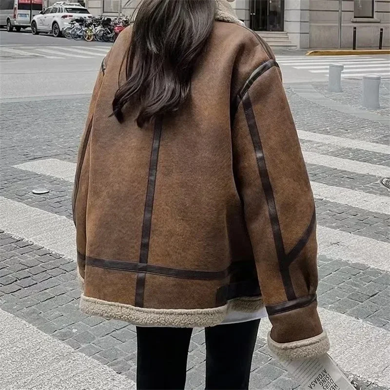Pop Vintage Lamb Fur Coat For Women Autumn Winter 2024 New Loose Korean Motorcycle Suit Thickened Jacket Caramel Coat For Women