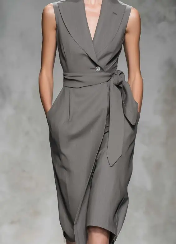 

Women Dresses 2026 Spring Summer New Fashionable Solid Color V-Neck Sleeveless Pocket Design Casual Lace Up Daily Long Dress