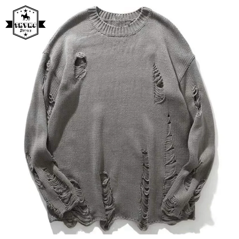 

Men's Fashion Hole Long Sleeved Knitwear Loose Retro Simple Round Neck Pullover Male Streetwear Casual Solid Color Knitwear New