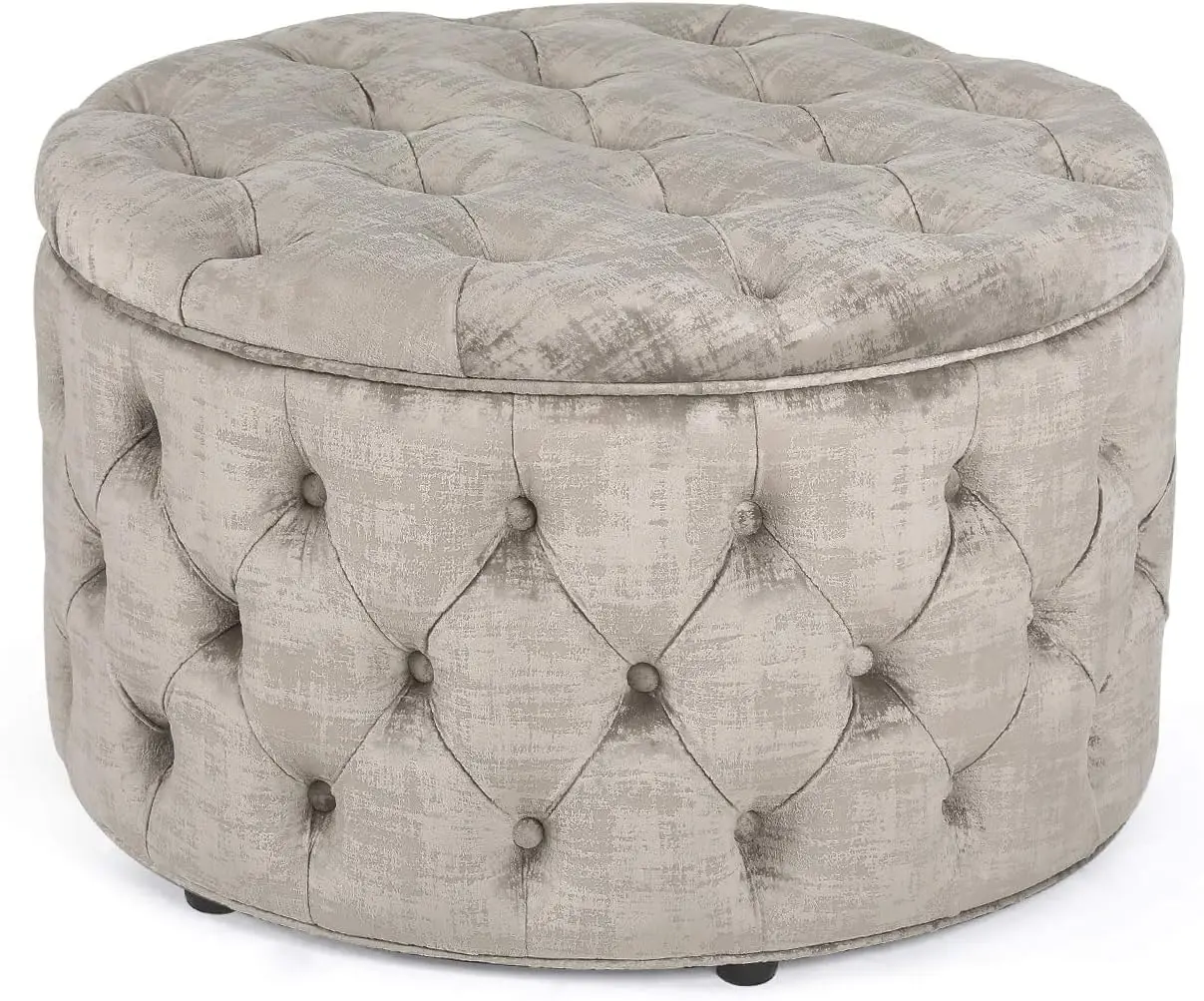 Round Storage Ottoman, Button Tufted Upholstered Ottoman with Removable Top, Storage Bench Coffee Table Footrest Stool for Livin