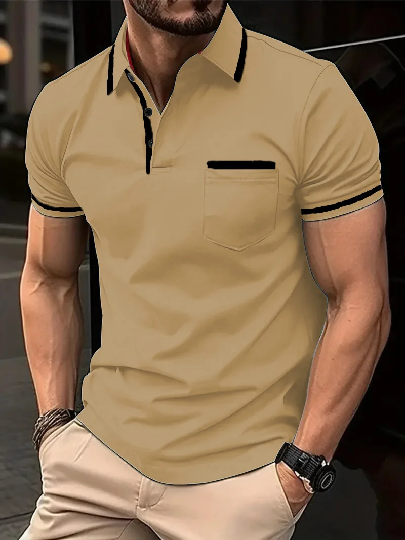 Men's Casual Fashion Solid Color Short-sleeve Top, Collar Designed Men's Short-sleeve T-shirt
