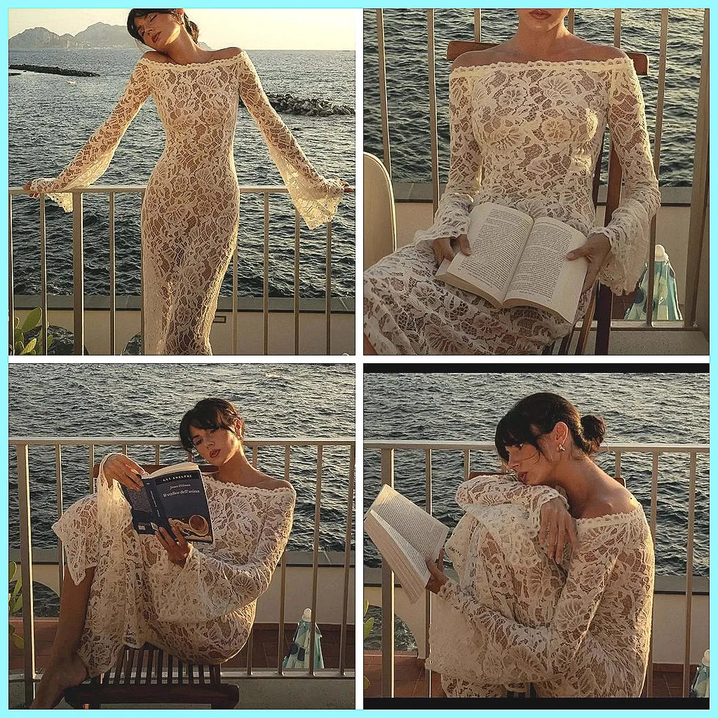 

Sexy White Lace Off-Shoulder Bodycon Maxi Dress - High Waist Hollow Out Party & Holiday Gown