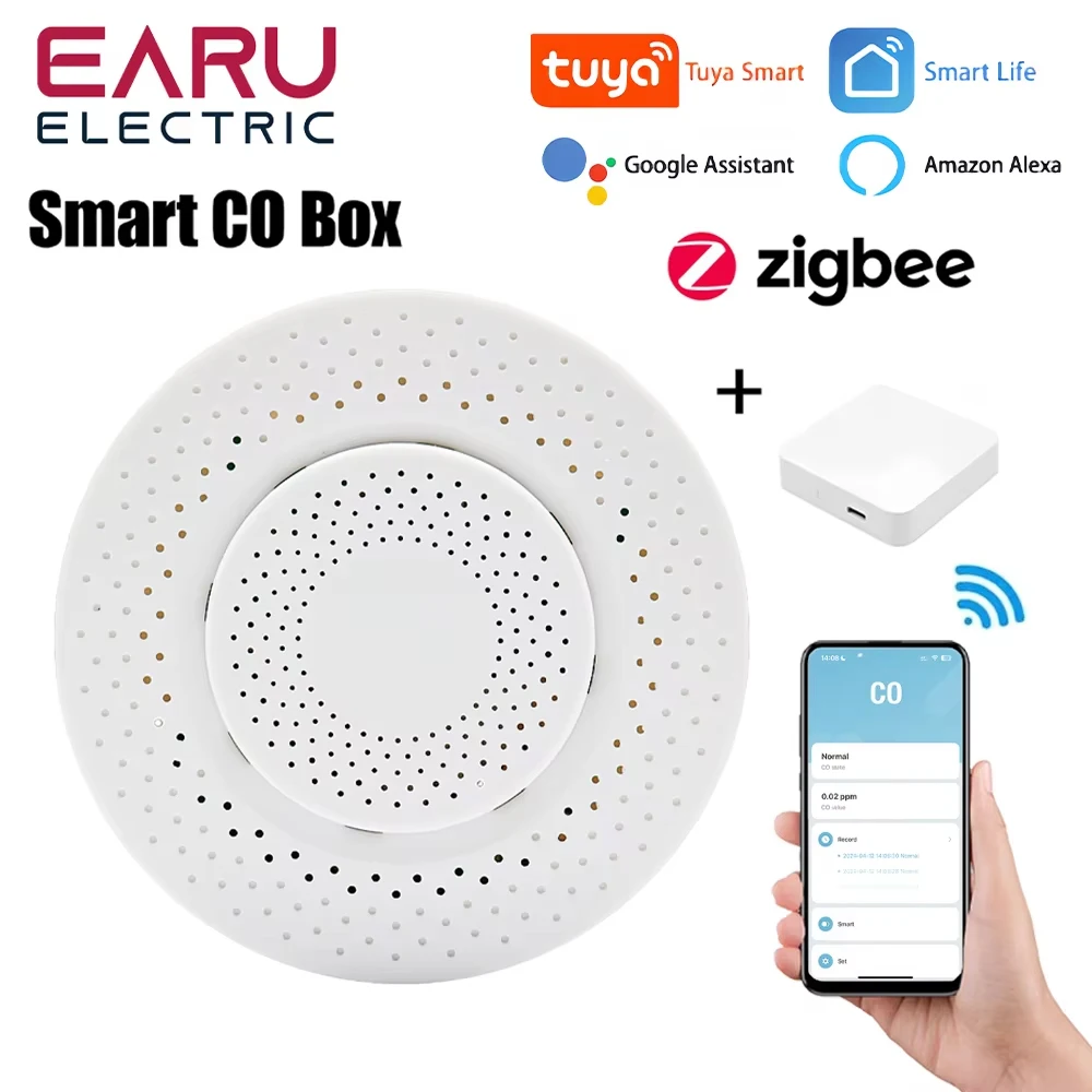 Tuya ZigBee Air กล่องคุณภาพ CO เครื่องตรวจจับคาร์บอนมอนอกไซด์เครื่องทดสอบอัตโนมัตินาฬิกาปลุกทํางานร่วมกับ Smart Life App Alexa Google Home