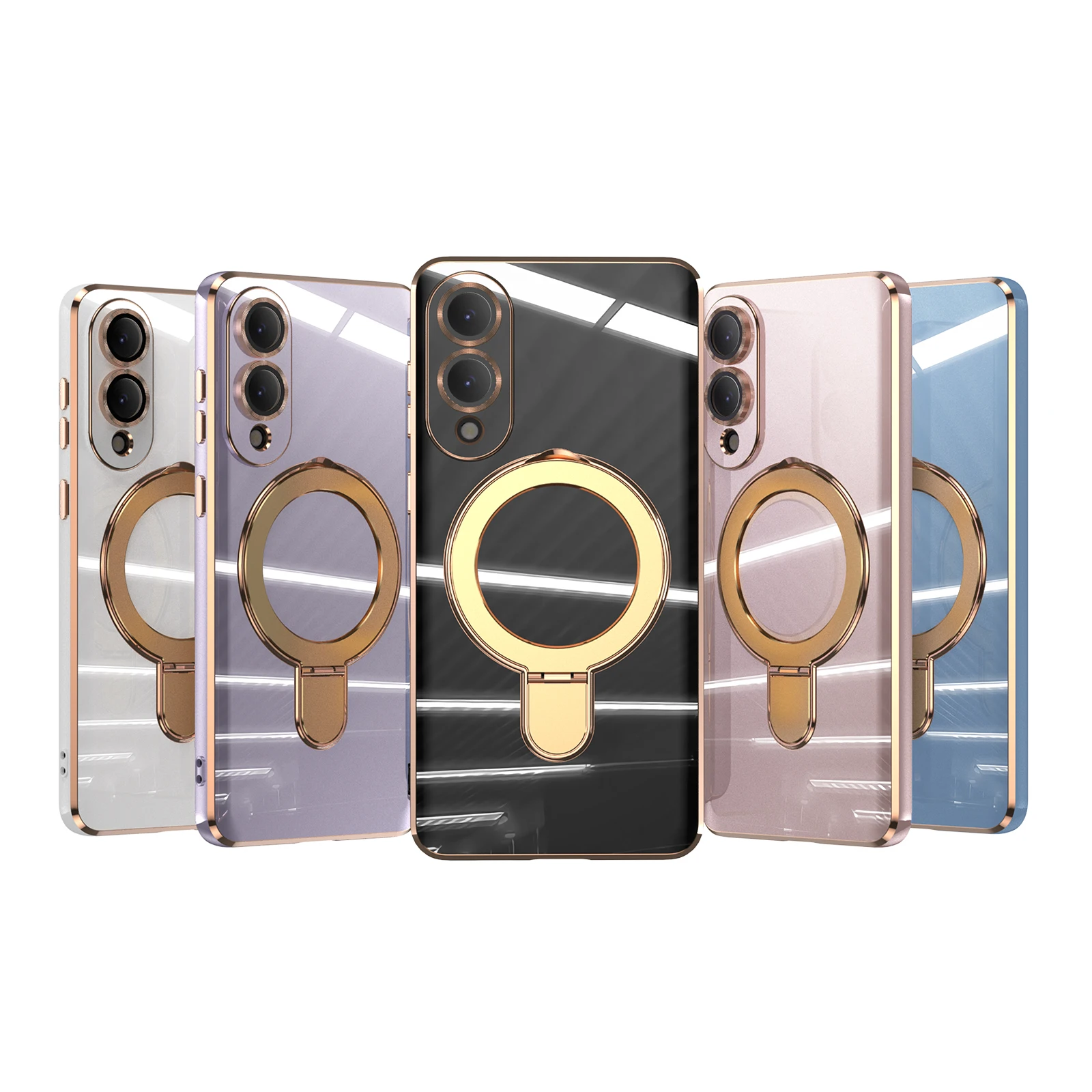 

Cute Luxury Ring Holders Stand Plating White Pink Phone Case for Samsung Galaxy s24 s25 Plus Ultra edge FE Bracket Cover Fundas