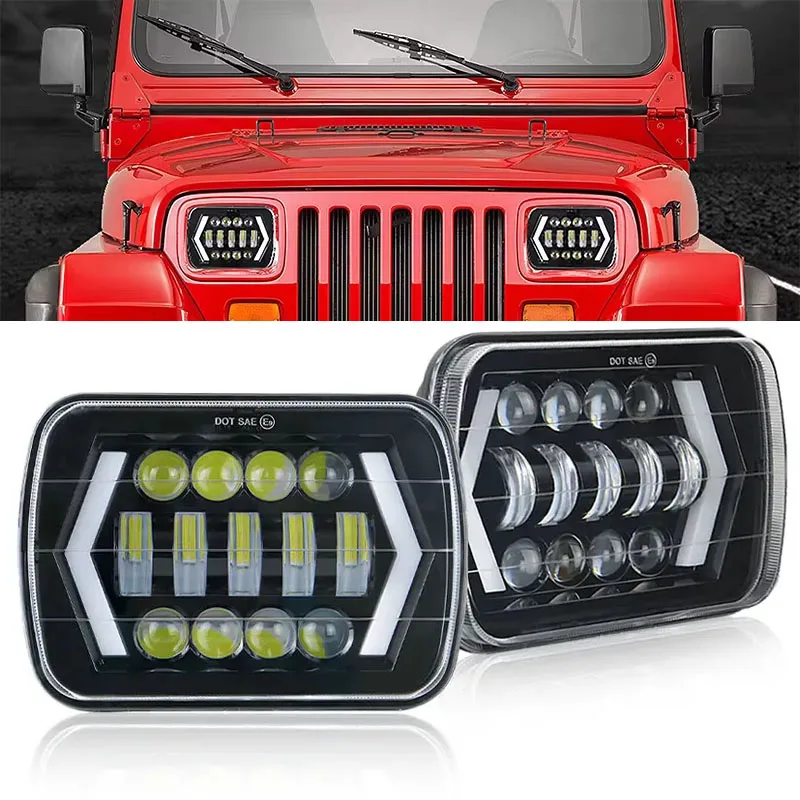 7X6 5X7 LED Headlight Arrow White DRL Amber Turn Signal For Jeep Wrangler YJ Cherokee XJ Trucks H4 LED Square Headlights