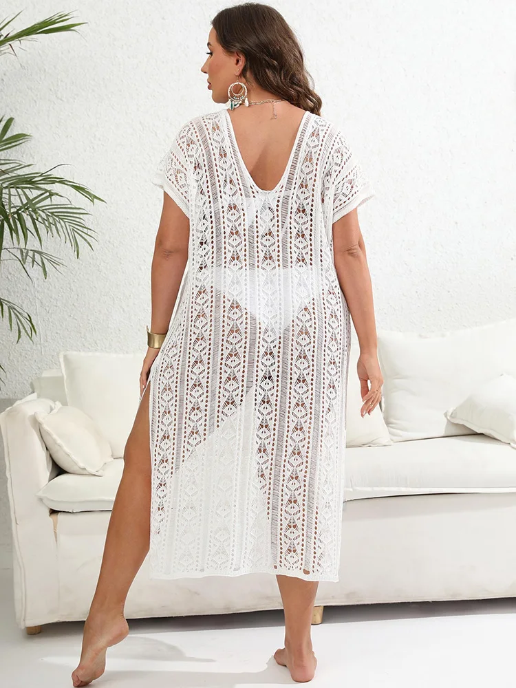 GIBSIE Plus Size White Hollow Out Beach Dress Women Sexy Short Sleeve Swimwear Swimsuit Cover-ups Bikini Cover Up Beachwear