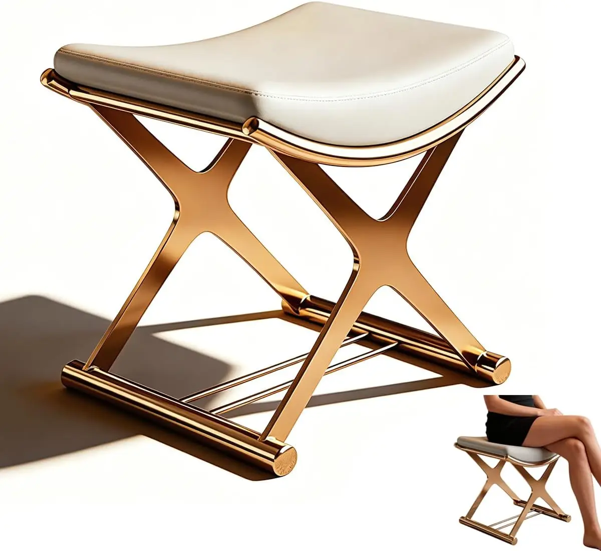 Vanity Stool Chair Bathroom Vanity Stool Modern Ottoman Bench Seat with Metal X Legs Vanity Chair Without Backrest Small Vanity Chair for Bedrooms and Studios - Gold