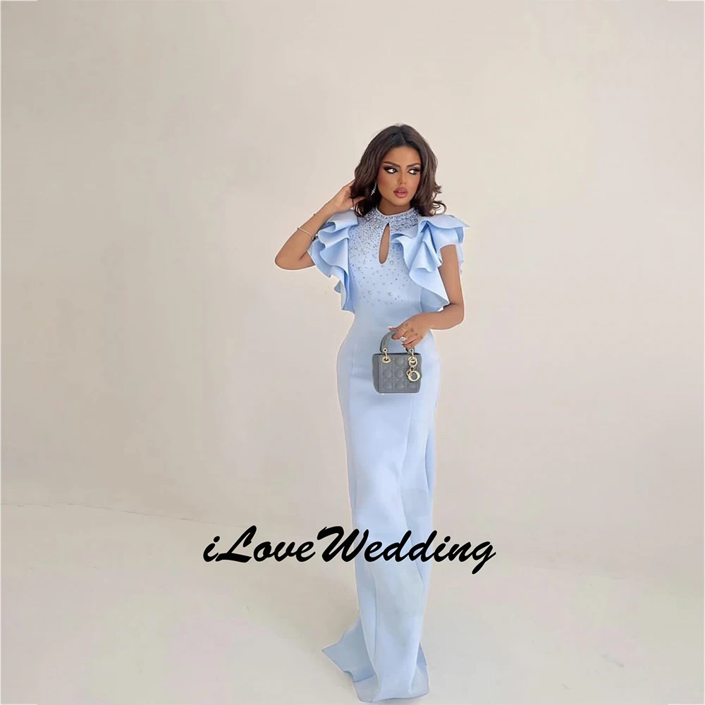 Abito da sera su misura con perline blu cielo, lunghezza del pavimento, abiti da sera, ballo di fine anno, senza maniche, in raso, retrò, Dubai, arabo saudita, 2025 personalizzato