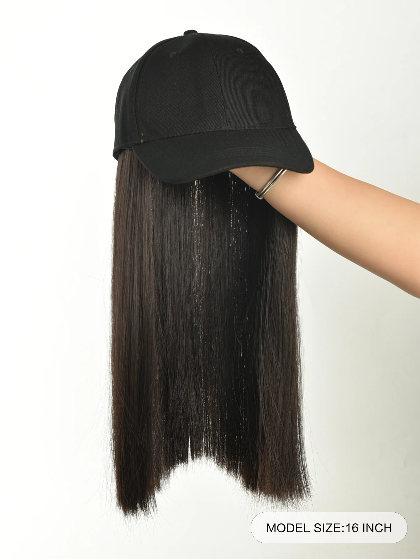 OLACARE 16Inch Long Straight Synthetic Wig Baseball Cap Hair Extensions Hat Wigs Black Brown Adjustable Hairpiece for Women