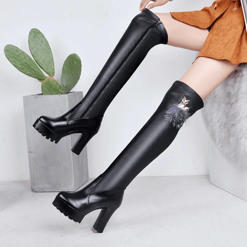 Winter Microfiber Modern Boots Over-the-Knee Square Heel 2024 Brand Shoes Female Short Plush Zip Pointed Toe Women's Boots