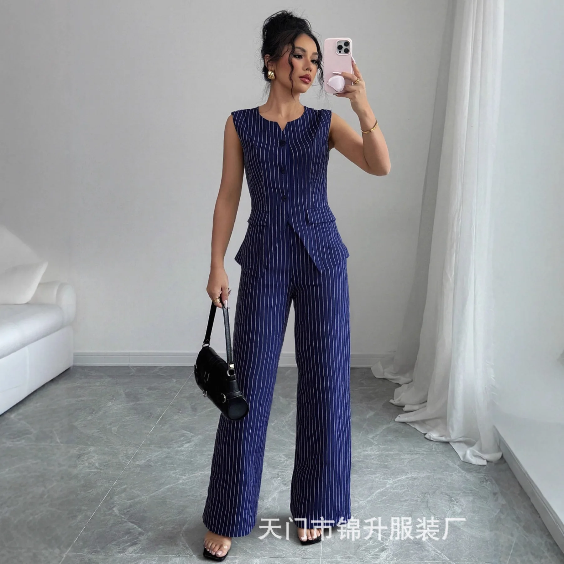

Fashionable Commuting Women's Outfit: V-neck Vest And Wide-leg Pants Two-piece Sleeveless Set Prom Sexy Maxi Clothing