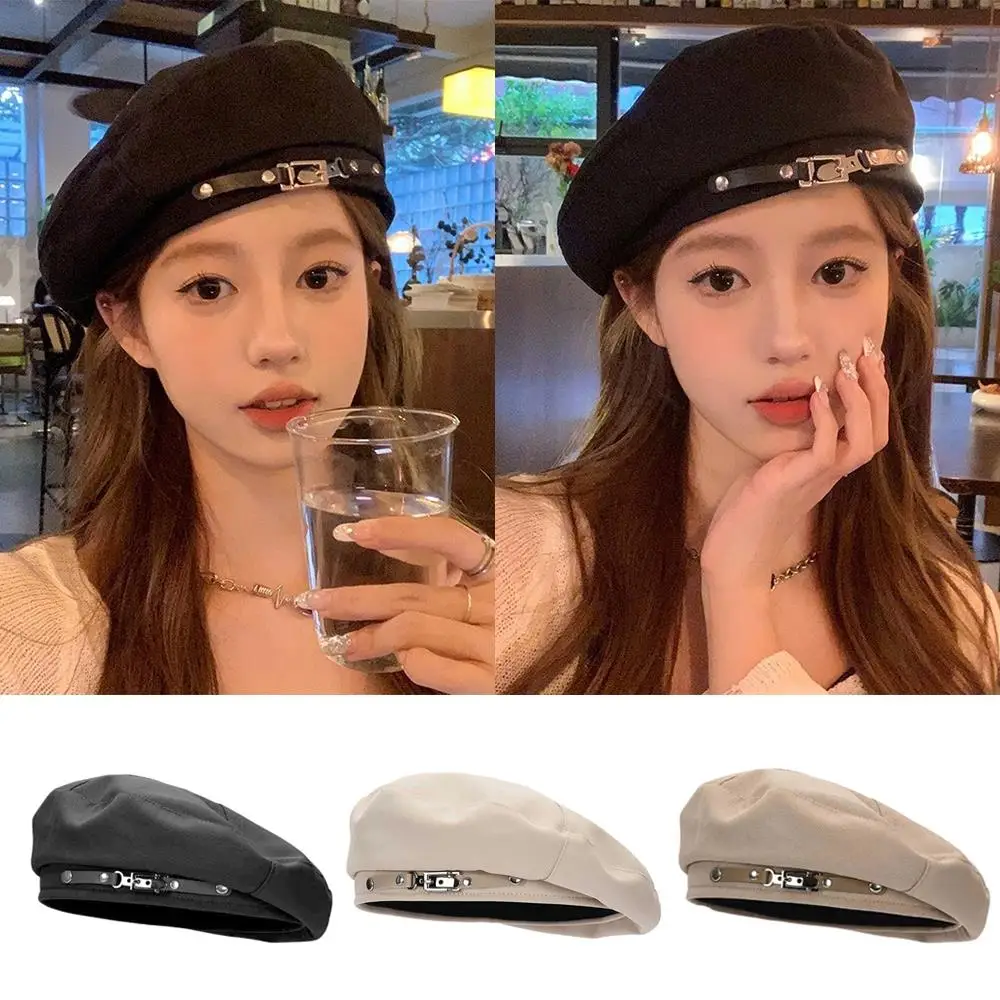 

Women's Beret Spring And Autumn Brimless Cap Metal Buckle Octagonal Cap British Retro Painter's Hat Elegant Cloths Accessories