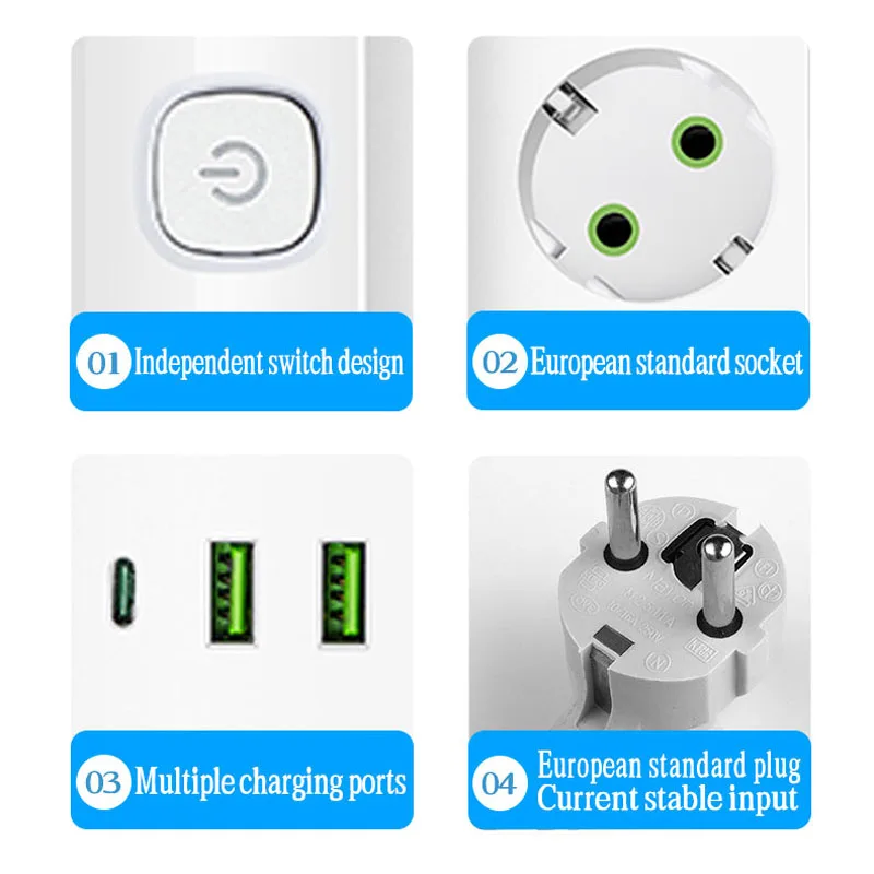 الاتحاد الأوروبي التوصيل قطاع الطاقة مع 3/5 منافذ التيار المتناوب + 2 منافذ USB + 1 نوع C 6/8 في 1 التوصيل محول مأخذ التوصيل 2 متر مقبس كهربائي للمكتب المنزلي