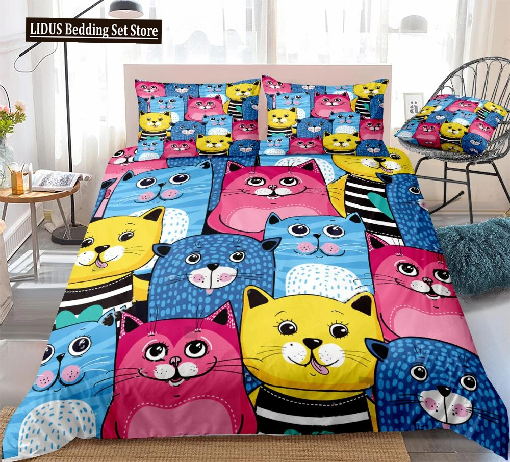 Colorful Cats Duvet Cover Set Cartoon Cats Bedding Boys Girls Red Blue Yellow Cats Quilt Cover Queen 3pcs Bed Set Dropship