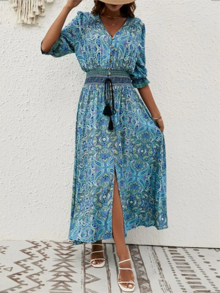 

Summer Women's Boho Print Dresses New Sexy V-neck Drawstring Seven Quarter Lantern Sleeve Waist Tied Holiday Button Beach Dress