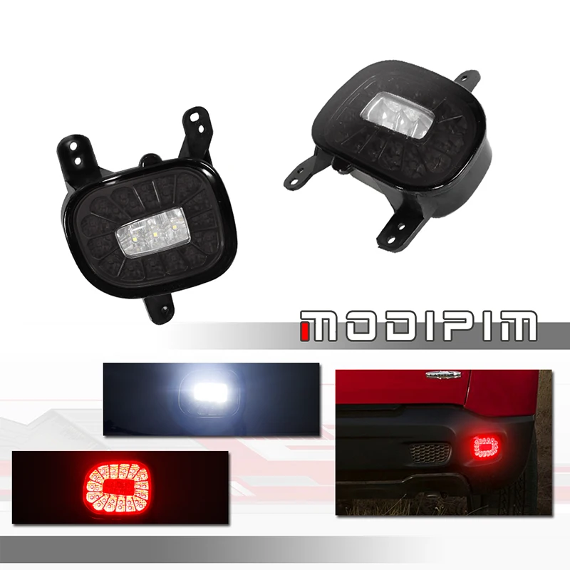 2-in-1 Red LED Car Rear Bumper Reflector Tail Lights, Rear Fog Lights w/ White Backup Reverse Lights For 2015-2022 Jeep Renegade