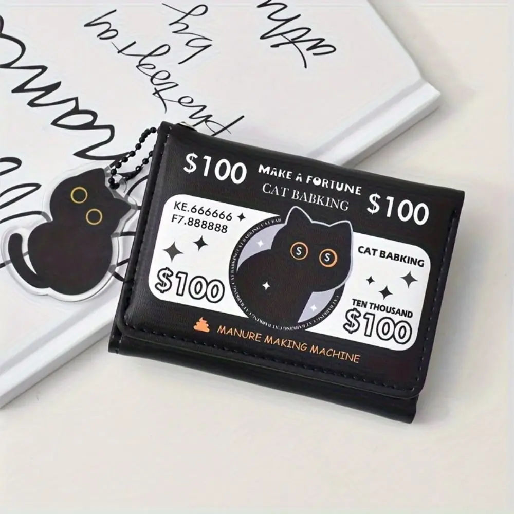 PU Leather Festive Fortune Wallets Black+White Three-Fold Cat Babking Design Mini Wallet Large Capacity Leather Women Coin Purse