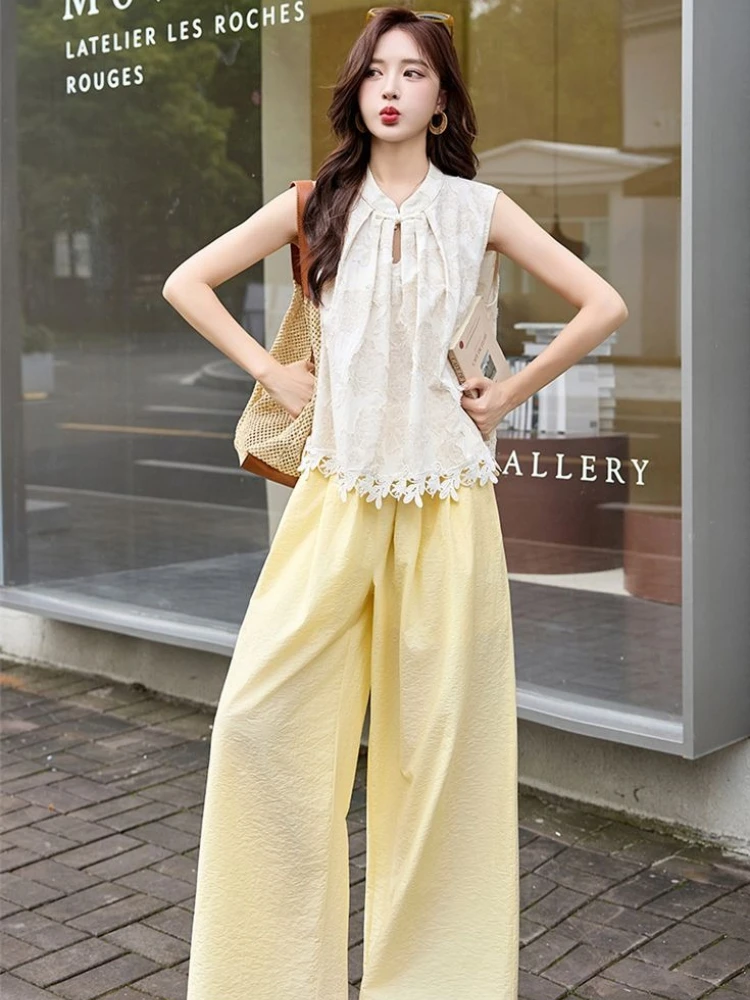 Women Summer New Chinese Style Sleeveless Set Complete Outfit With Wide Leg Pants 2026 New Arrival Trendy Hot Youth Boosting