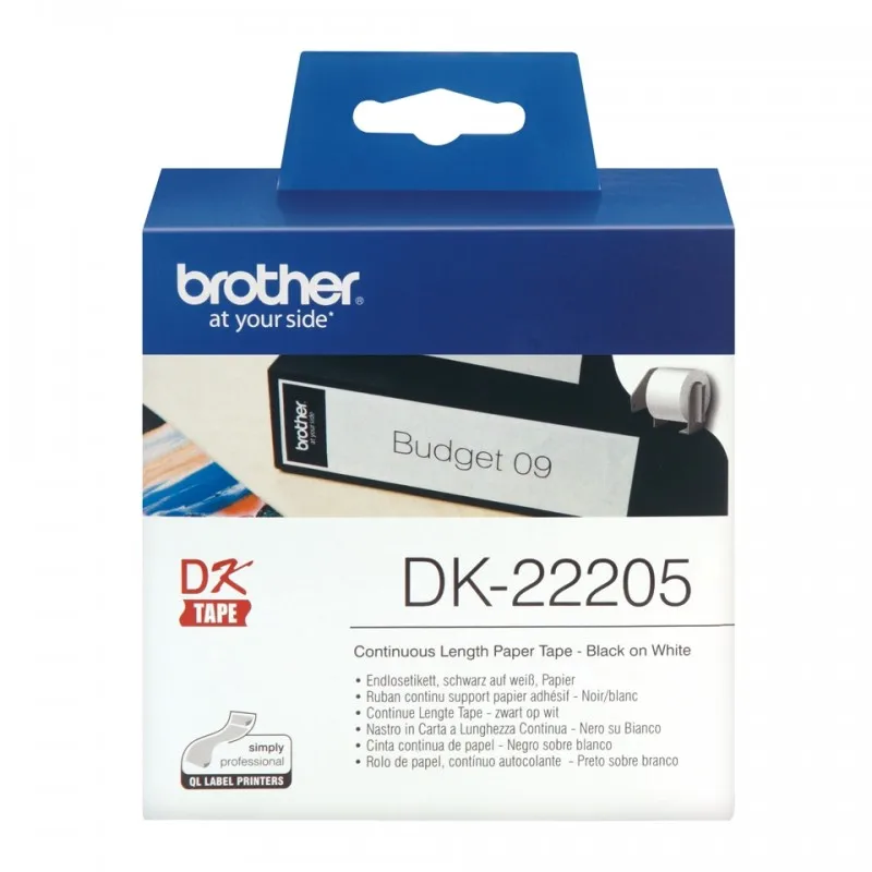 Brother DK22205-original custom size labels-width 62mm x 30,48 meters-black text on white background D. tintasycartuchos.com