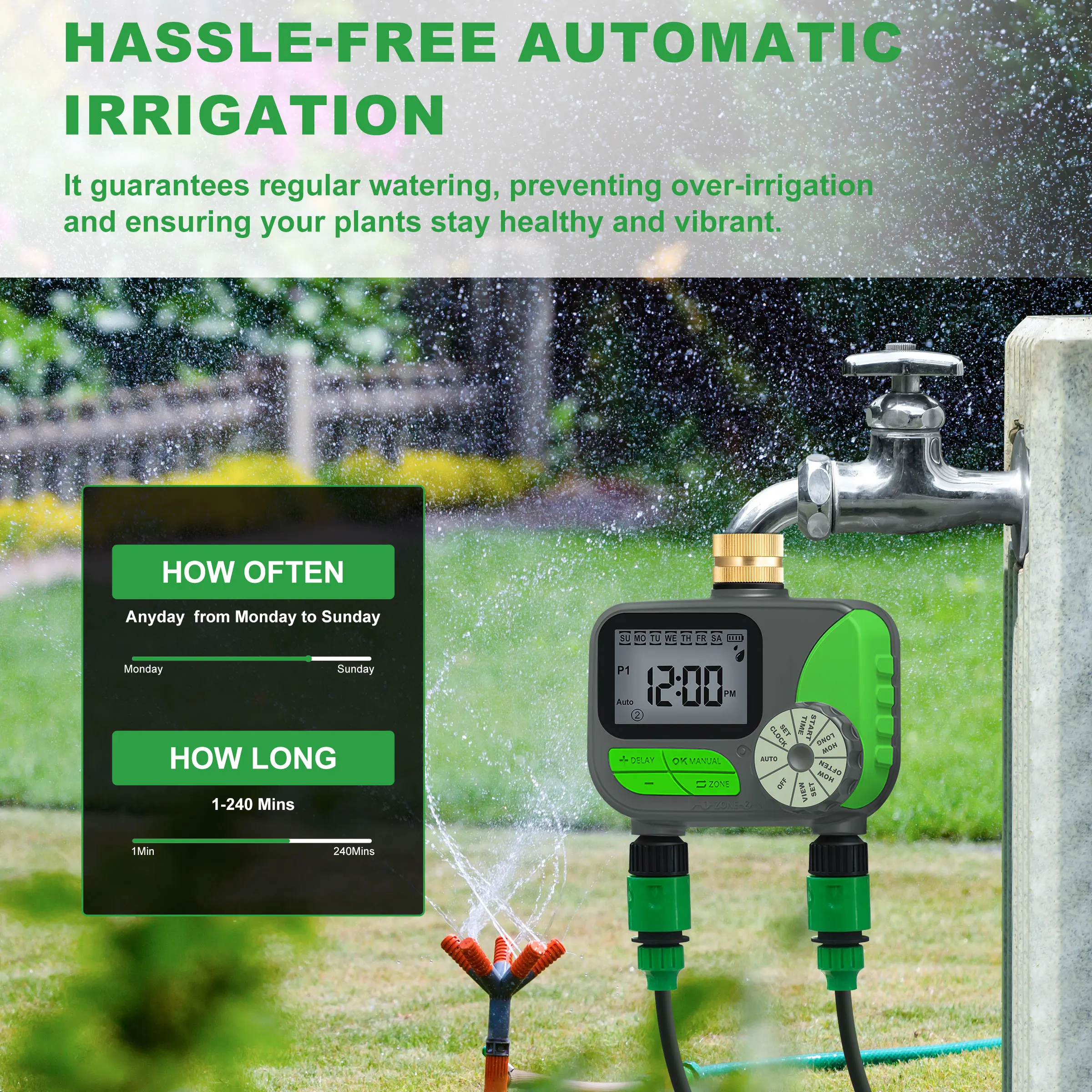 GIRIER Water Timer Programmable Sprinkler Timer with 2 Outlets Brass Inlet Automatic Irrigation Controller for Garden/Yard/Lawn