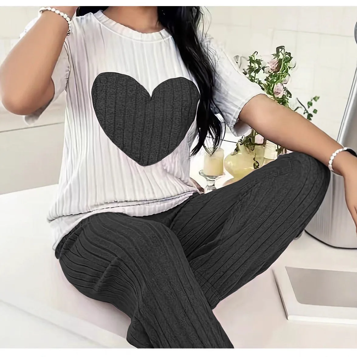 Comfortable Loungewear Relaxed Oversized Short Pajama Super Soft Breathable Sleepwear Heart Stripe Full-Length Pajamas