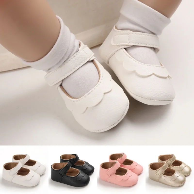 

Solid Color PU Leather Girl Princess Flat Shoes With Anti Slip Rubber Sole Walking Newborn Baby Crib Dress Shoes 0-18M