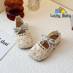 Bow Mesh Girls Flats Shoes Hollow Out Lace Solid Kids Princess Shoes Hook Loop Non Slip Toddler Children Fashion Shoes