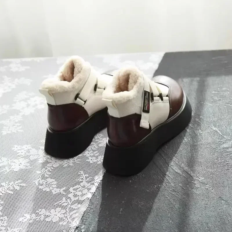 2024 inverno mulheres botas de tornozelo pu sola grossa de pelúcia quente inverno mulher sapatos apartamentos rendas até senhoras lolita sapatos ao ar livre deslocamento diário