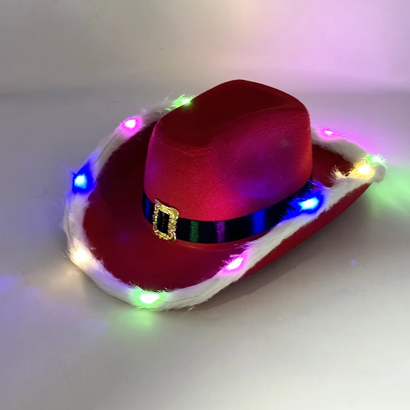 Kerst Rode Western Cowboyhoed Nieuwjaar Kerstdecoratie Kerstfeest Gunst Speelgoed Kerst Cowgirl Hoed Met LED Licht