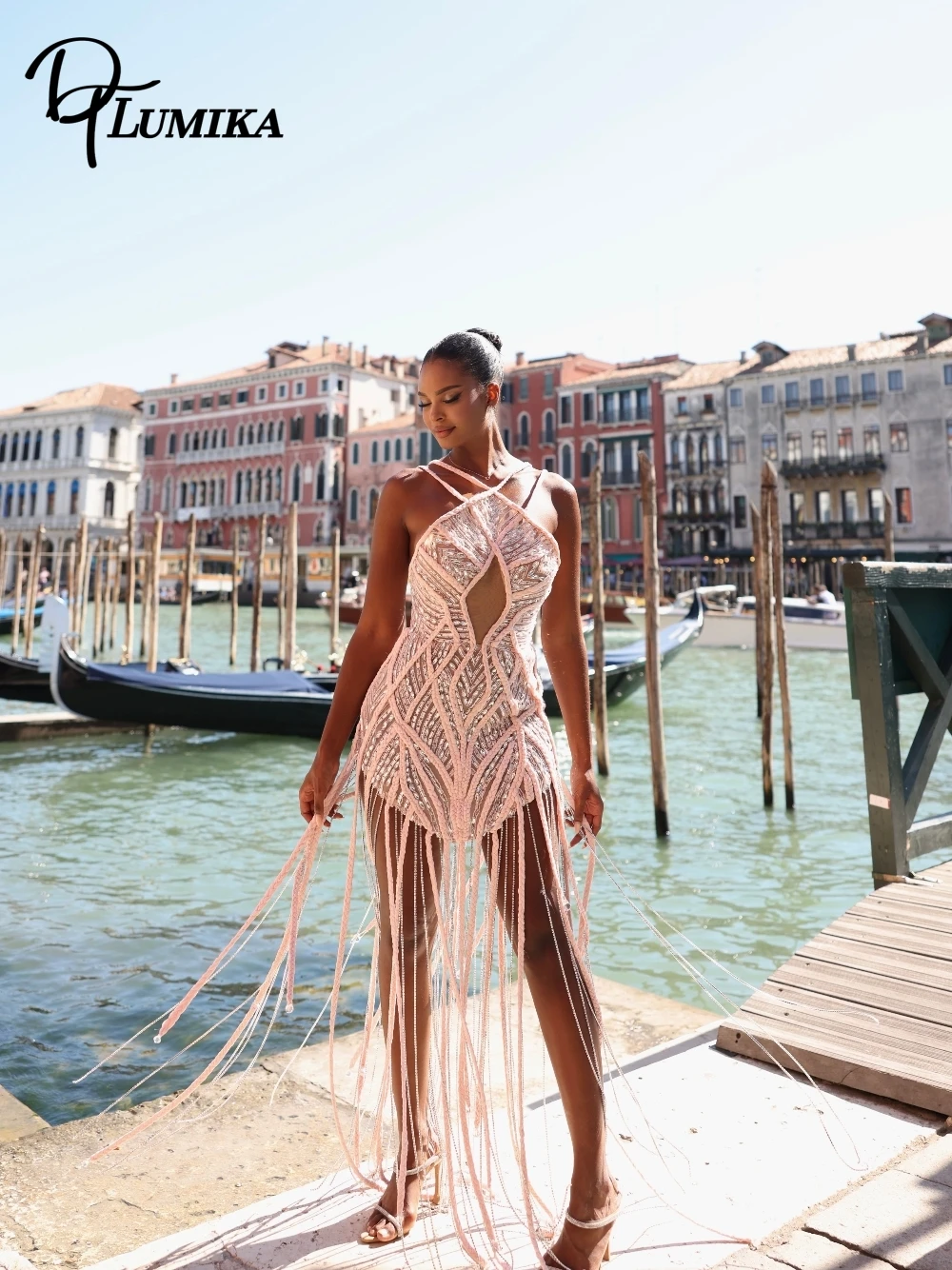 

Pink Halter Sexy Cut Out Mini Evening Dress Exclusive Tassel Shimmering Crystals Customized Opulent Beaded Cocktail Gown