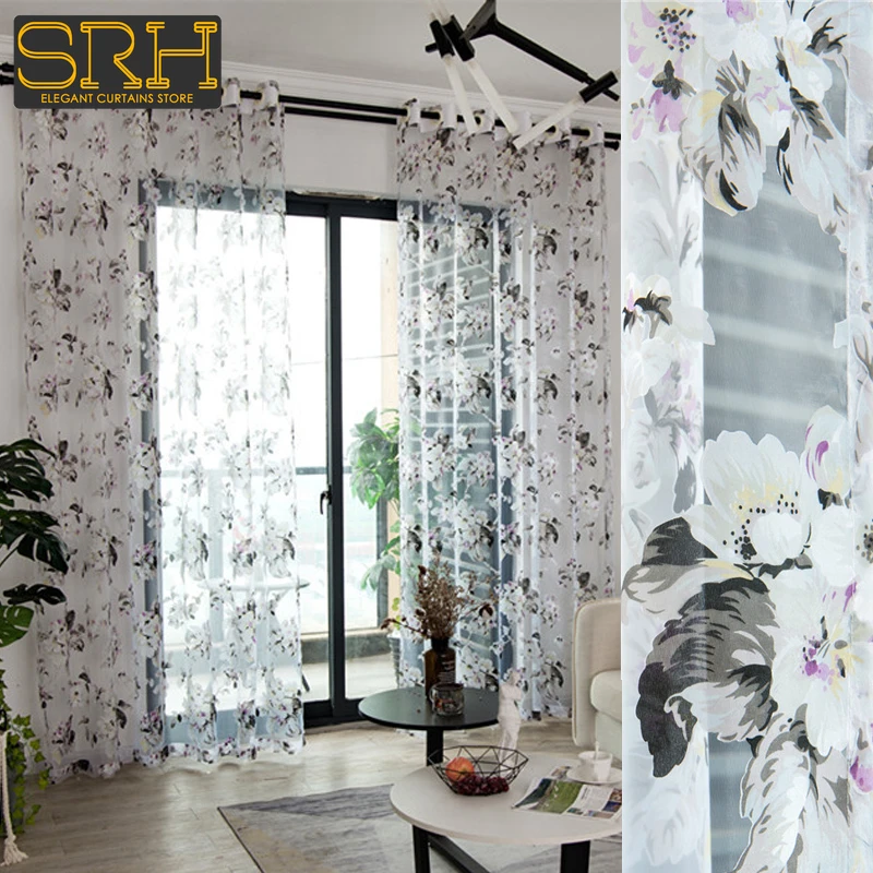 

American Countryside Printed Curtains Living Room Bedroom Balcony Transparent Window Screen Custom GrayWhite Floral Tulle Fabric