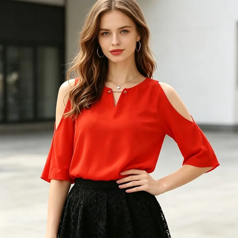 

Новая летняя женская блузка 2026 года: элегантная, с открытыми плечами, однотонная, повседневная, приталенная, универсальная, из шифона, для офиса