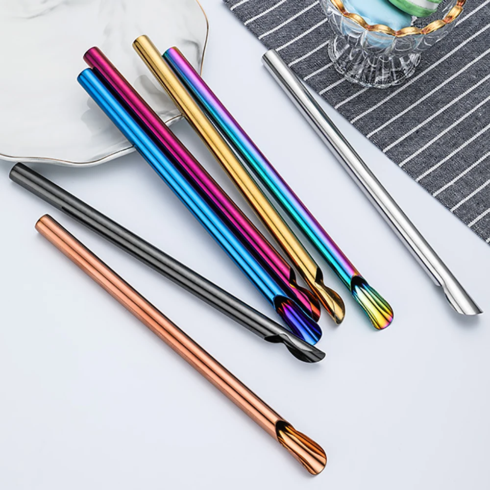 Reusable 304 Stainless Steel Straw Pearl Milkshake Bubble Tea 7Pcs Straw with Brush Bag Set Stirring Smoothie Spoon Shaped Straw