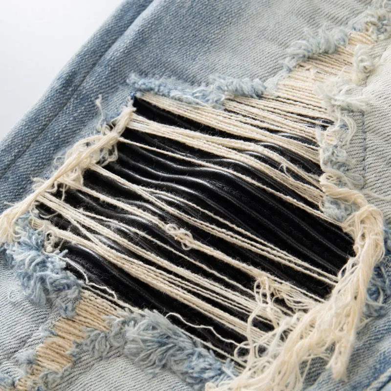 مصمم شارع العليا موضة جديدة جينز أزرق فاتح مثقب رقعة جلدية سوداء غسلها الحنين مطاطا الهيب هوب العلامة التجارية السراويل Y2 #3