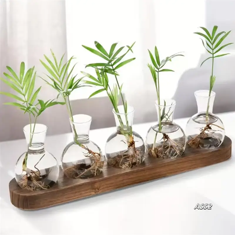 

Plant Terrarium Glass Vase Modern Transparent With Wooden Tray, Indoor Desktop Decor