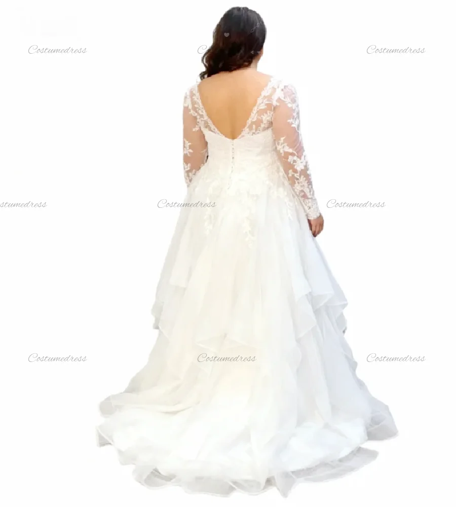 Elegant Plus Size Curvy Wedding Dress 2026 V Neck Long Sleeve Rustic Country Bride Dress Bohemian Gatsby Garden Elopement  Bride