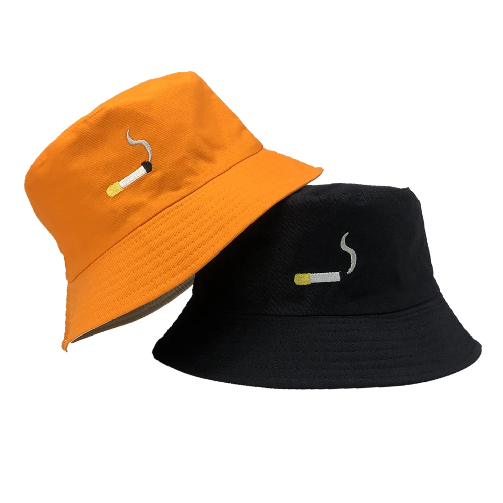 Summer Women Reversible Bucket Hats Cigarette Embroidery Fisherman Caps Sun Shade Outdoor Casual Gorras